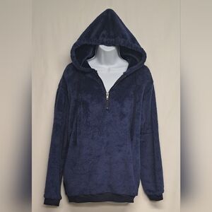 Solyinne M Blue Fleece Hoodie Sweater Long Sleeve Side Pockets Zipper